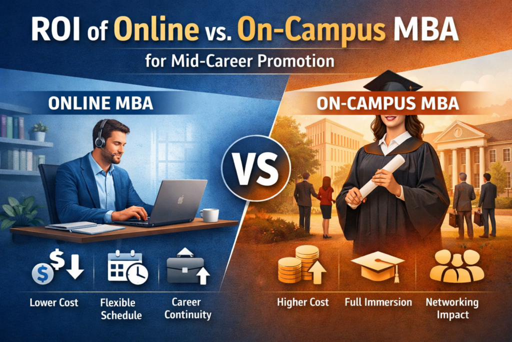 Comparison of online MBA and on-campus MBA showing differences in cost, career continuity, flexibility, and promotion impact for mid-career professionals.
