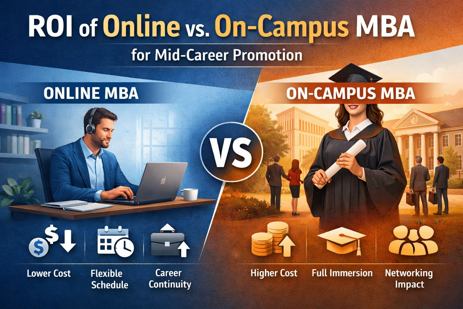 Comparison of online MBA and on-campus MBA showing differences in cost, career continuity, flexibility, and promotion impact for mid-career professionals.