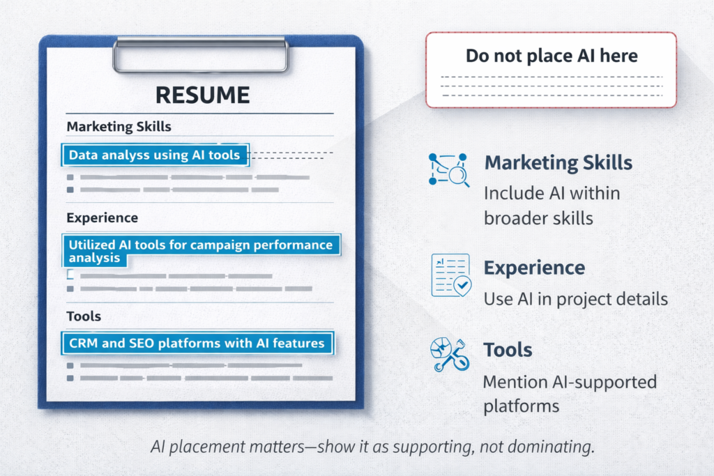 showing correct placement of AI skills in a marketing resume under skills, experience, and tools sections