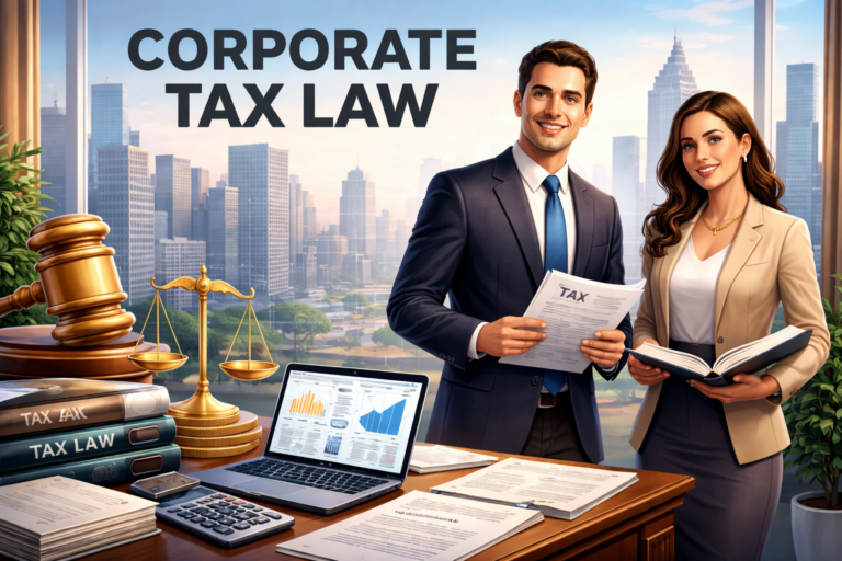 Corporate tax attorneys reviewing tax documents and financial reports in a modern office, representing taxation fundamentals for a career in corporate law.