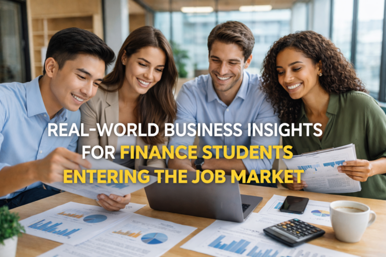 Finance students collaborating in a modern office environment, reviewing financial reports and dashboards, representing real-world business insights for finance students entering the job market.