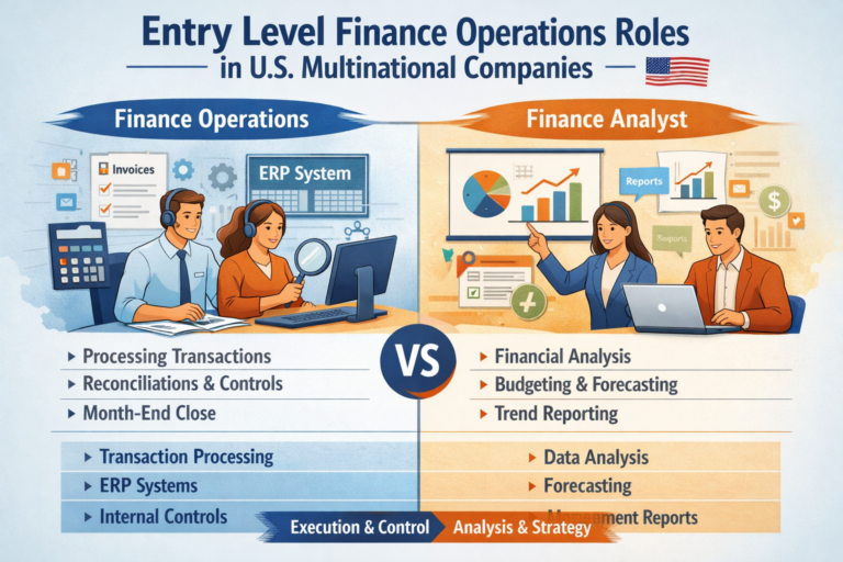 Comparison of entry level finance operations and financial analyst roles in U.S. multinational companies