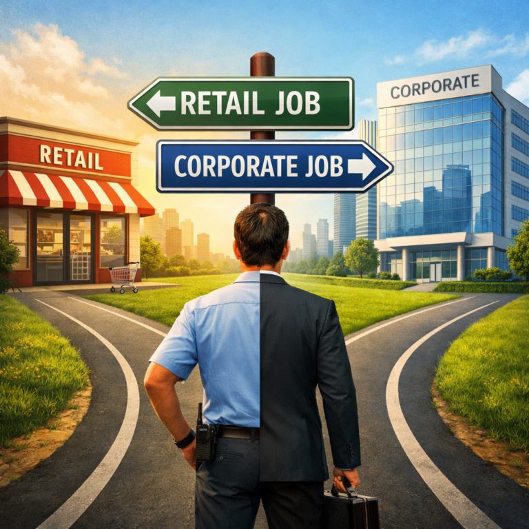 Retail manager standing at a crossroads choosing between retail job and corporate office career path